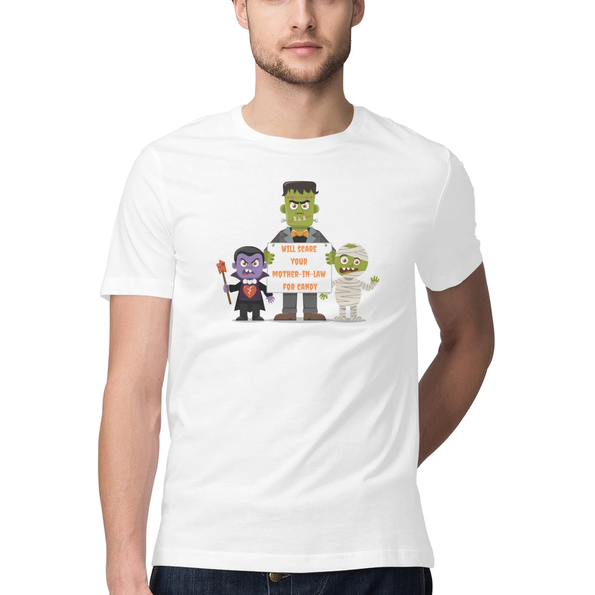 Will Scare Your Mother-in-Law for Candy – Men's Halloween Graphic T-Shirt - White