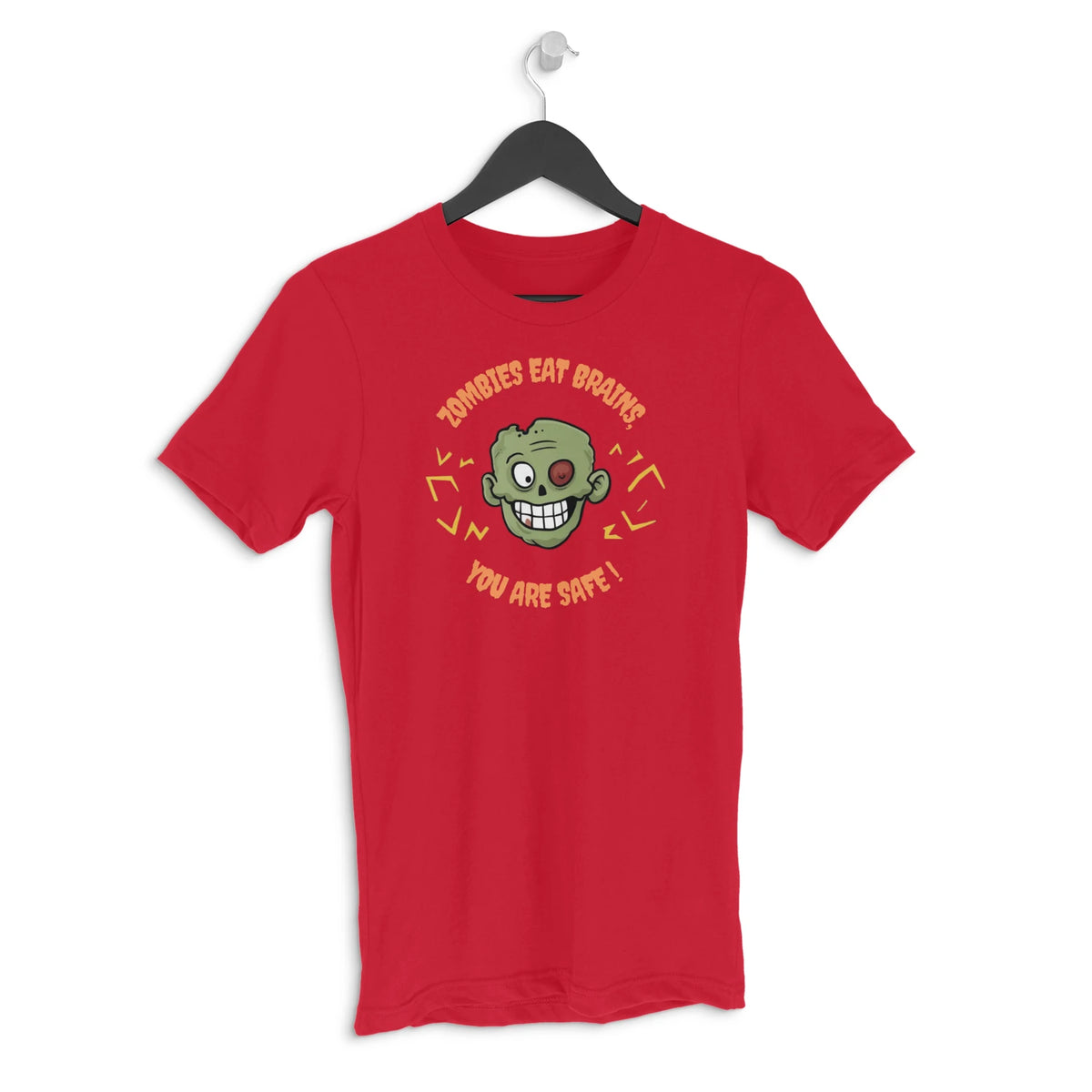 Zombies Eat Brains. You Are Safe! Men's Halloween Graphic T-Shirt - Red