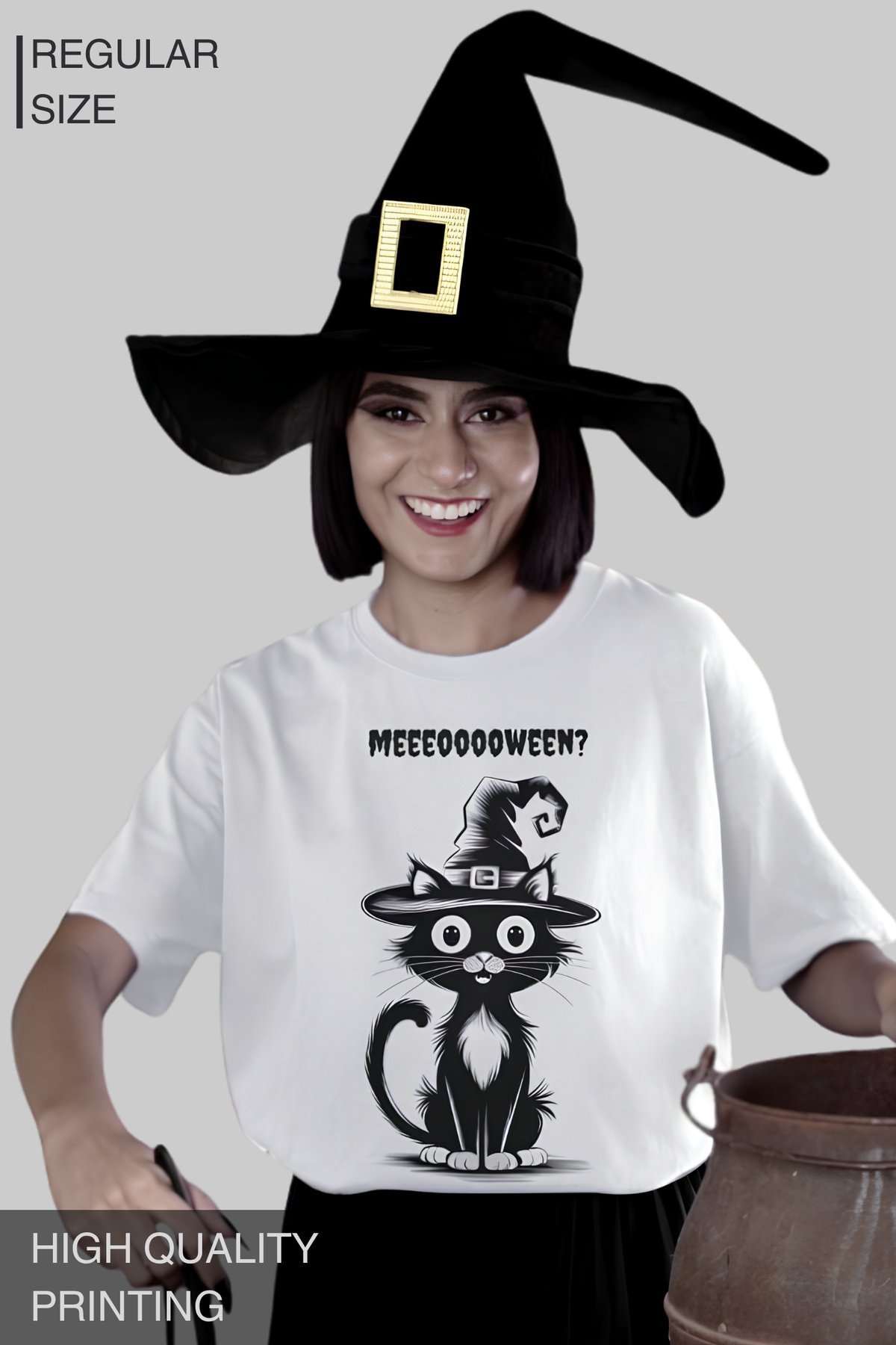 Meeeooooween? Cat Women's Halloween graphic T-Shirt