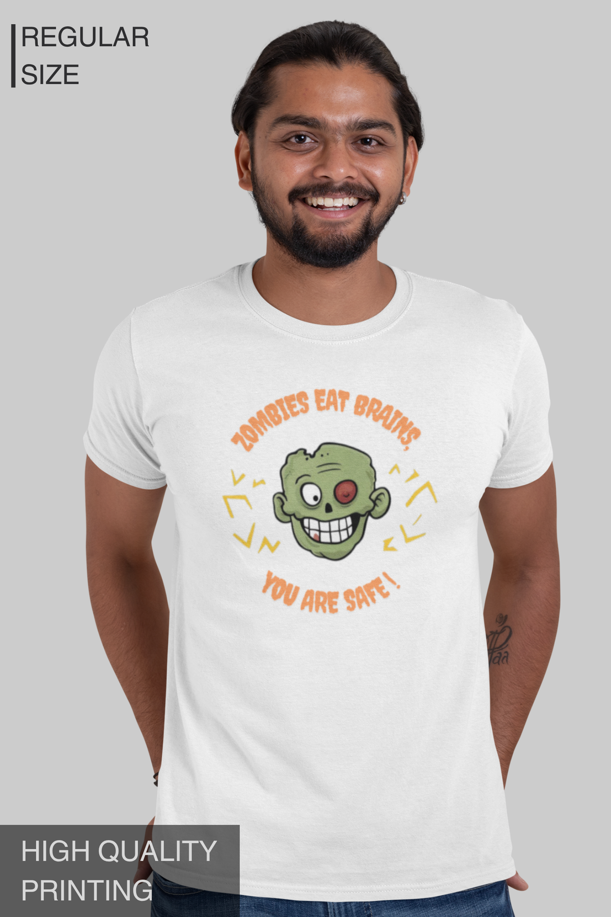 Zombies Eat Brains. You Are Safe! Men's Halloween Graphic T-Shirt