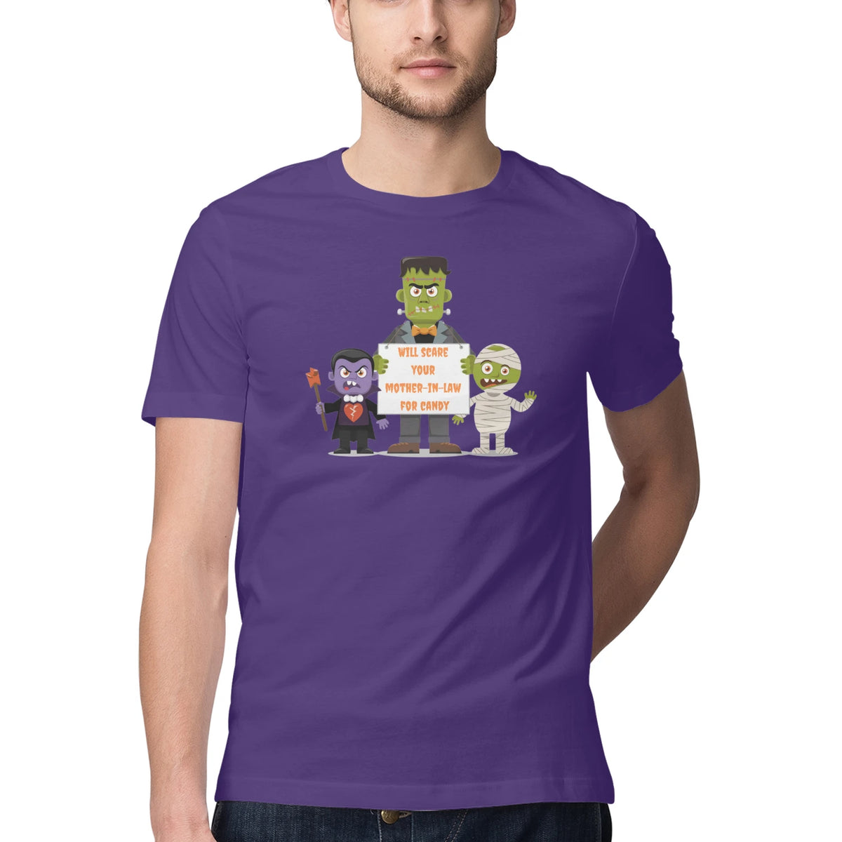 Will Scare Your Mother-in-Law for Candy – Men's Halloween Graphic T-Shirt - Purple