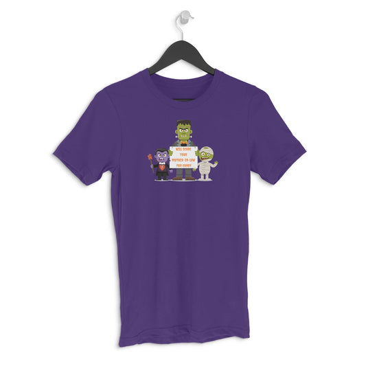 Will Scare Your Mother-in-Law for Candy – Men's Halloween Graphic T-Shirt - Purple